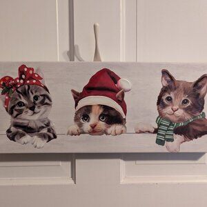 Trio of Holiday Cats on Canvas w/Wooden Backing Christmas Wall Hanging NWOT